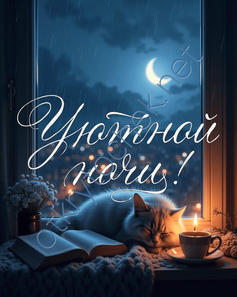 Открытка со спящим котиком и пожелание Уютной ночи