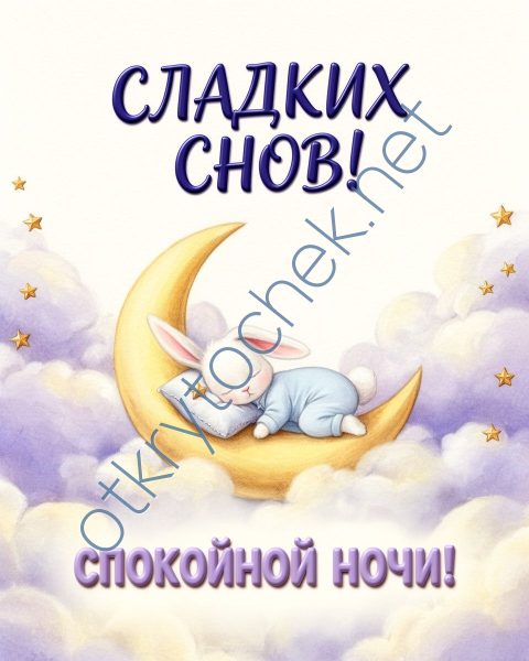 Зайка спит на месяце - открытка с пожеланием Сладких снов