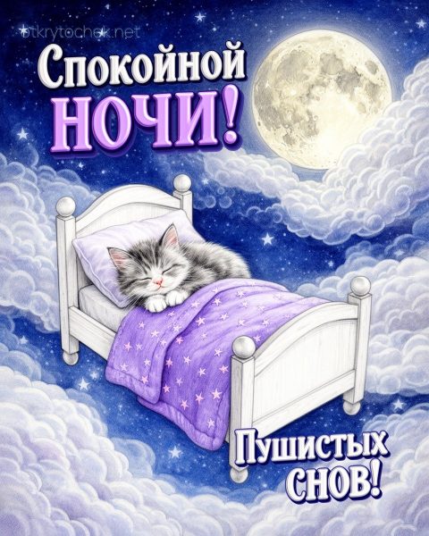 Котик в кроватке, картинка с пожеланием спокойной ночи