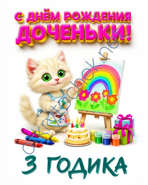 Родителям открытка с котиком с Днем рождения доченьки 3 годика