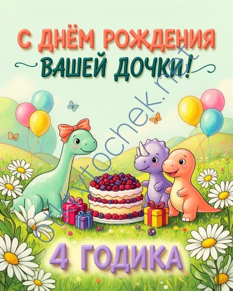 Открытка с динозаврами на День рождения девочки 4 годика
