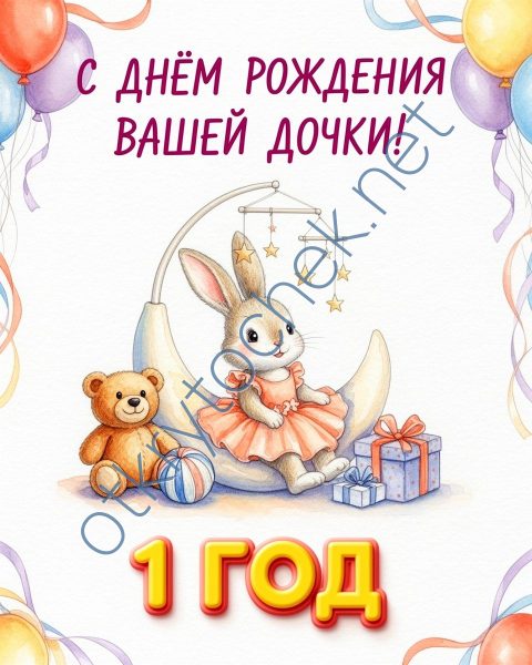 Открытка с зайкой родителям с Днем рождения дочки 1 годик