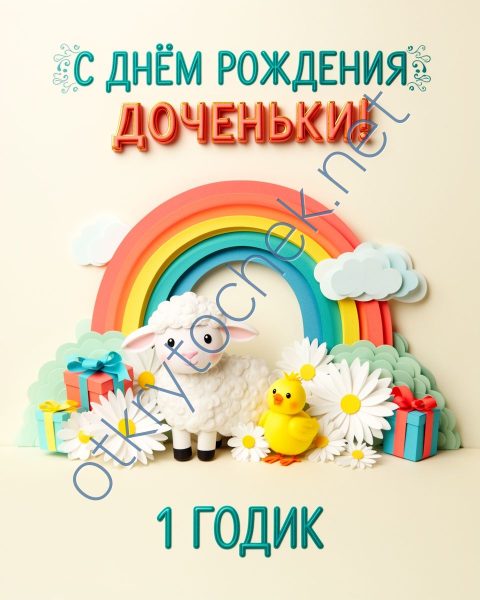 Радужная открытка с овечкой на День рождения дочки 1 год