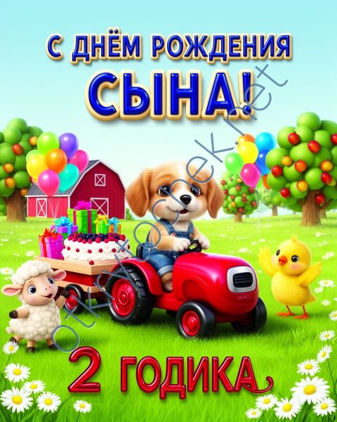 Летняя открытка с Днем рождения сына на 2 годика