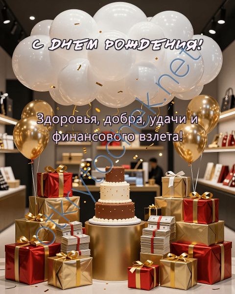 Шарики и много подарков - мужская открытка с Днем рождения
