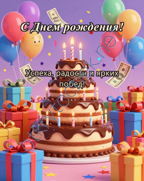 Торт и подарки - открытка с пожеланием с Днем рождения мужчине