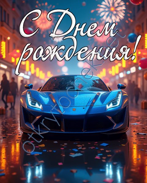 Спорткар на фоне города - с Днем рождения