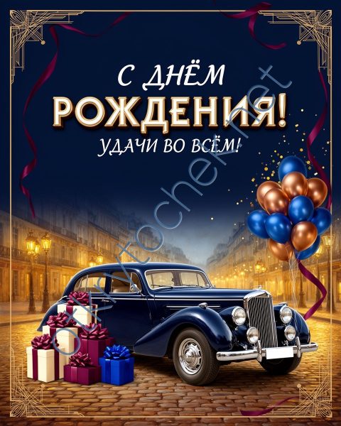 Открытка с ретро машиной на День рождения