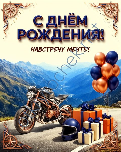 Стильная мужская открытка с Днем рождения с шариками и мотоциклом