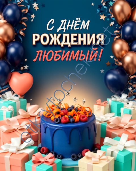 Открытка с тортом и подарками на День рождения любимому