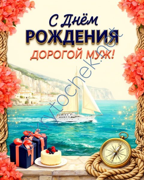 Рисованная открытка с яхтой для мужа с Днем рождения