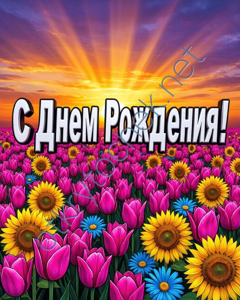Яркое поле цветов - открытка с Днем рождения девушке