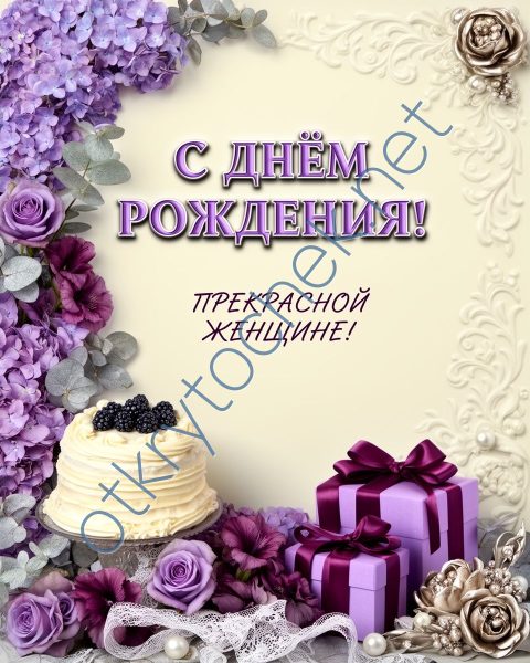Красивая открытка на День рождения женщине в фиолетовом стиле