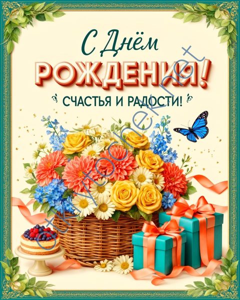 Картинка с корзинкой цветов - с Днем рождения девушке