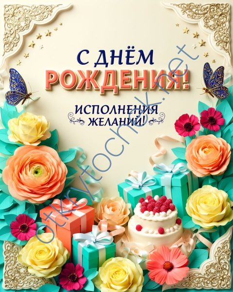 Цветочно-подарочная картинка с Днем рождения для девушки