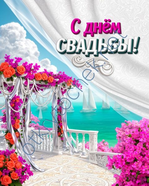 Открытка на фоне моря с поздравлением с днем свадьбы