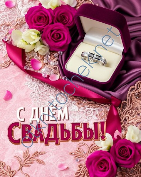 Яркая открытка с колечками и поздравление на день свадьбы