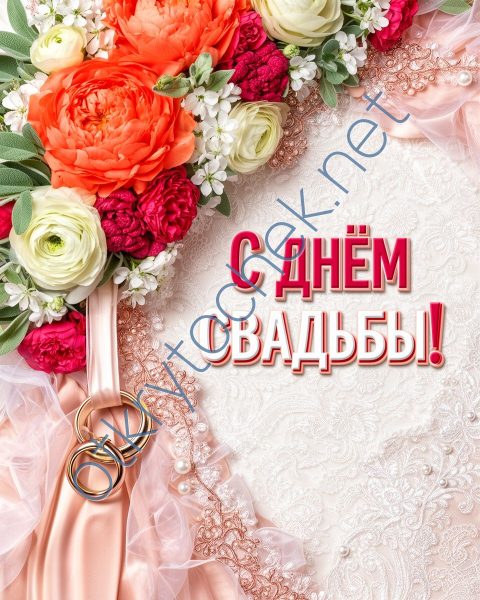 Поздравительная открытка с цветами и кольцами на день свадьбы