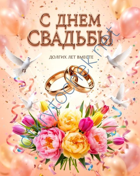 Картинка с кольцами и цветами с поздравлением с днем свадьбы