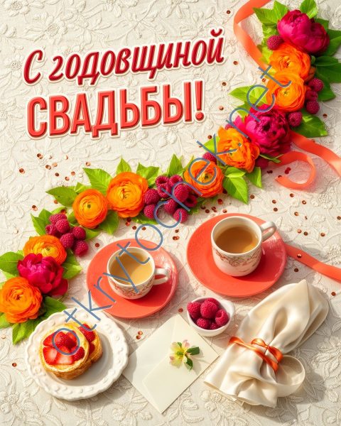 Поздравительная картинка с годовщиной свадьбы с цветами и чашечками