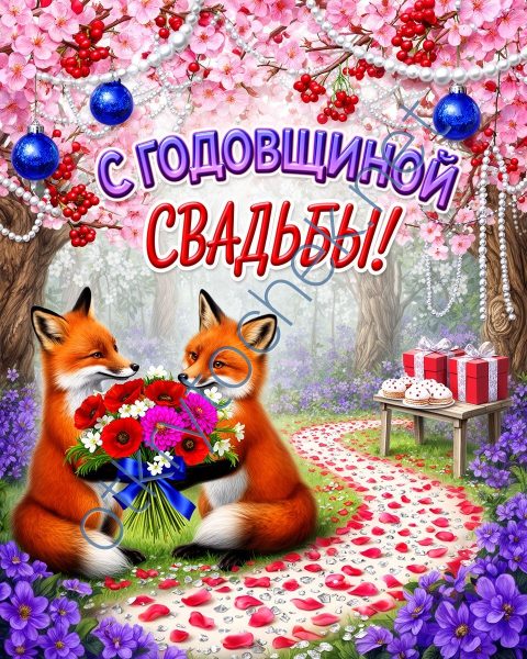 Милая рисованная открытка с лисами на годовщину свадьбы