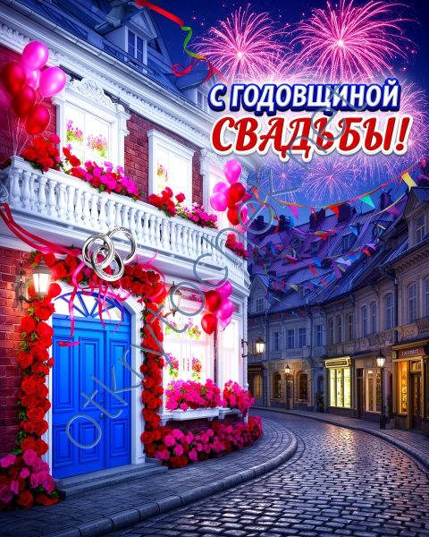 Поздравительная открытка с салютом на годовщину свадьбы