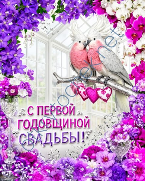 Картинка с попугайчиками и поздравлением на первую годовщину свадьбы