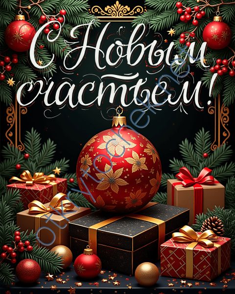 Елочный шар и подарки на новогодней картинке с Новым счастьем