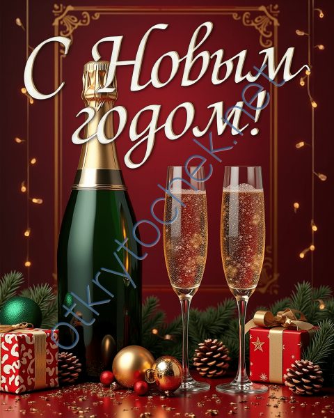 Красивая новогодняя открытка с шампанским