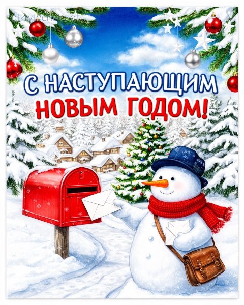 Открытка со снеговиком с Наступающим новым годом