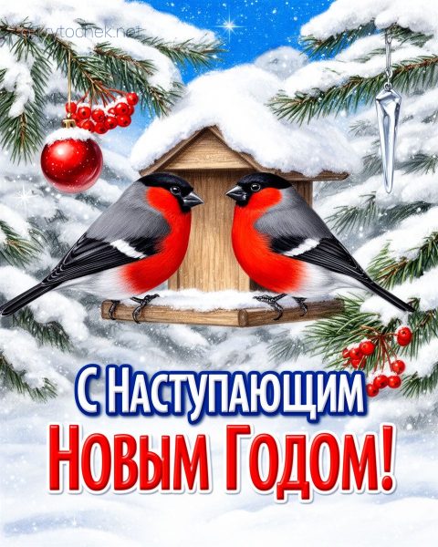 Две снегиря зимой - картинка с Наступающим новым годом