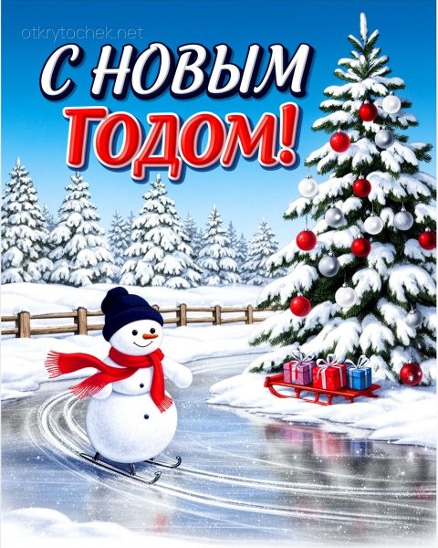 Картинка со снеговиком у елки с Новым годом