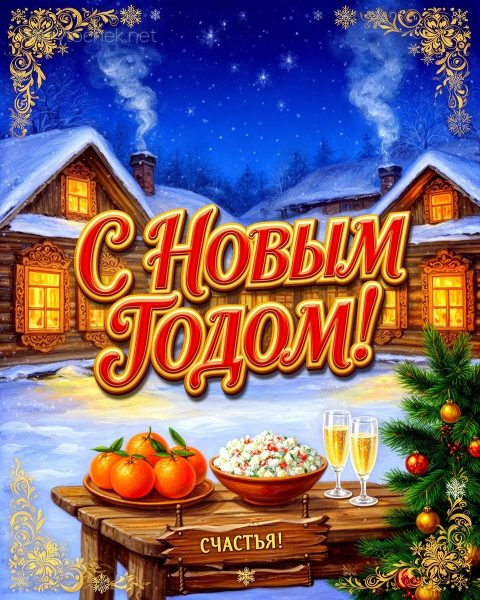 Открытка с новым годом на фоне зимних избушек