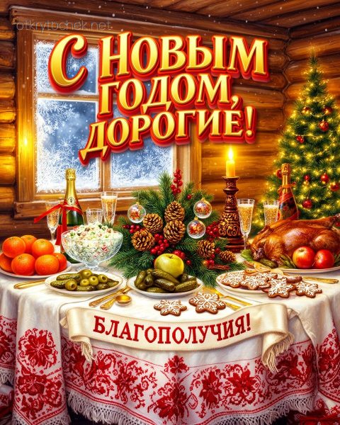 Новогодняя открытка с праздничным столом и елкой