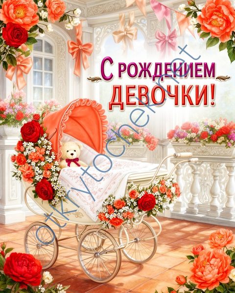 Оранжевая поздравительная открытка с рождением девочки
