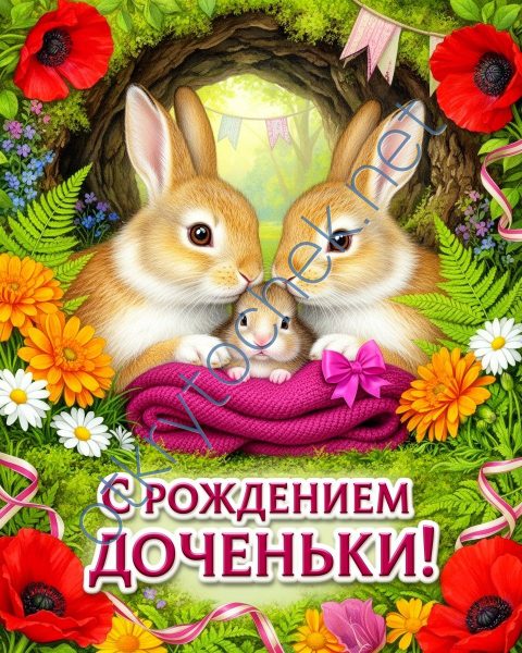 Милая картинка с зайками для поздравления с рождением девочки