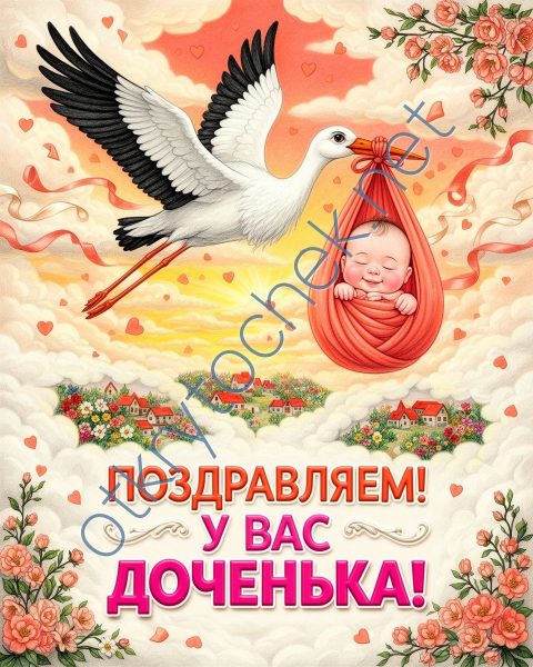 Аист несет ребенка - картинка с поздравлением с рождением девочки