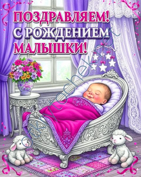 Рисованная картинка с поздравлением к рождению девочки
