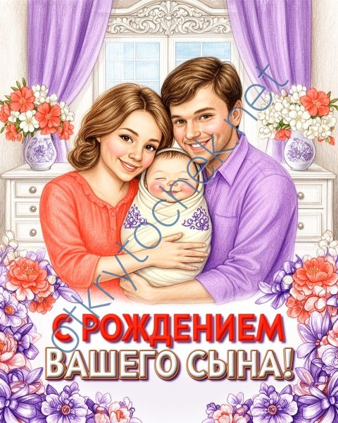 Милая рисованная открытка с рождением сына